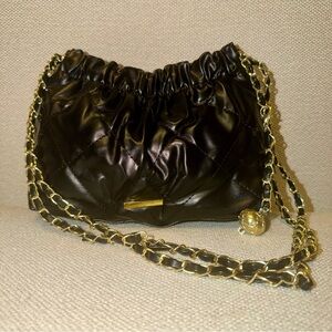 Elegant Black Quilted Faux Leather & Gold Chain Bag Purse With Matching Keychain